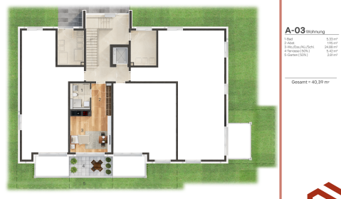 Beispielgrundriss: EG 1 Zi. ca. 38m² Wfl.