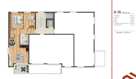 Beispielgrundriss: 3.OG 3 Zi. ca. 78m²